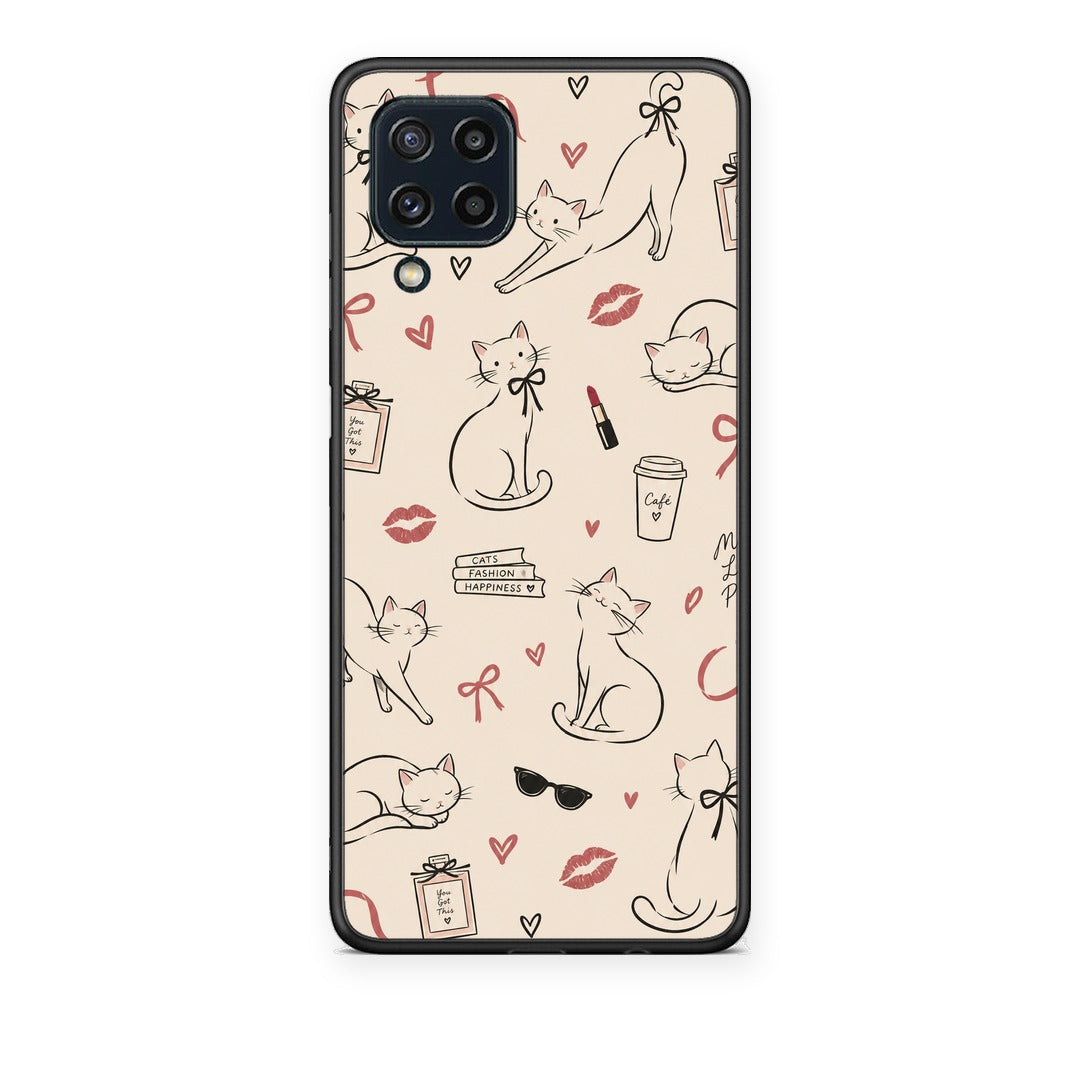 Θήκη Samsung Galaxy M32 4G / M22 Minimal Cat and Fashion Doodles on Cream από τη Smartfits με σχέδιο στο πίσω μέρος και μαύρο περίβλημα | Samsung Galaxy M32 4G / M22 Minimal Cat and Fashion Doodles on Cream case with colorful back and black bezels