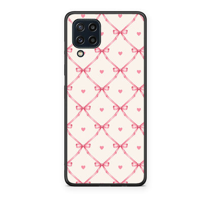 Θήκη Samsung Galaxy M32 4G / M22 Pink Bow Lattice and Hearts on Cream από τη Smartfits με σχέδιο στο πίσω μέρος και μαύρο περίβλημα | Samsung Galaxy M32 4G / M22 Pink Bow Lattice and Hearts on Cream case with colorful back and black bezels
