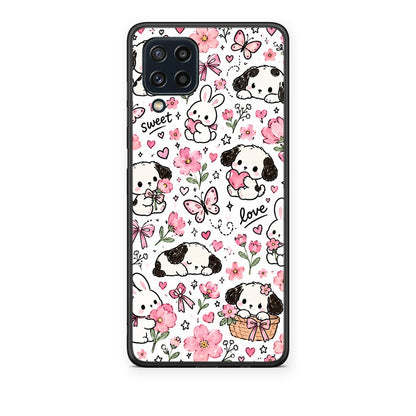 Θήκη Samsung Galaxy M32 4G / M22 Pink Florals Puppies and Bunnies on White από τη Smartfits με σχέδιο στο πίσω μέρος και μαύρο περίβλημα | Samsung Galaxy M32 4G / M22 Pink Florals Puppies and Bunnies on White case with colorful back and black bezels