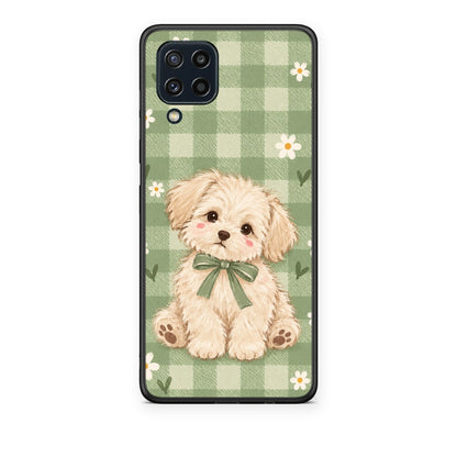 Θήκη Samsung Galaxy M32 4G / M22 Puppy and Daisies on Sage Gingham από τη Smartfits με σχέδιο στο πίσω μέρος και μαύρο περίβλημα | Samsung Galaxy M32 4G / M22 Puppy and Daisies on Sage Gingham case with colorful back and black bezels