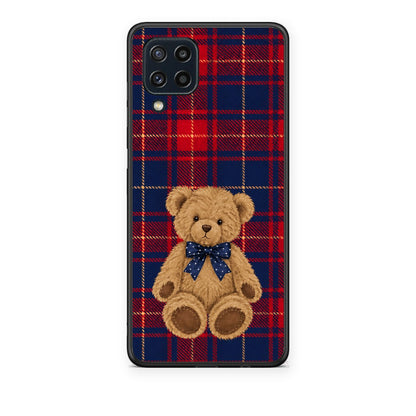 Θήκη Samsung Galaxy M32 4G / M22 Teddy Bear on Red and Navy Tartan από τη Smartfits με σχέδιο στο πίσω μέρος και μαύρο περίβλημα | Samsung Galaxy M32 4G / M22 Teddy Bear on Red and Navy Tartan case with colorful back and black bezels