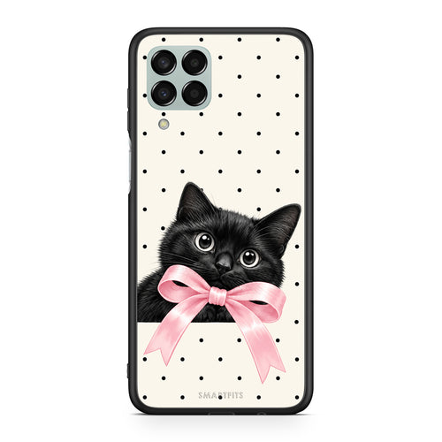Θήκη Samsung Galaxy M33 Black Kitten Pink Bow and Polka Dots από τη Smartfits με σχέδιο στο πίσω μέρος και μαύρο περίβλημα | Samsung Galaxy M33 Black Kitten Pink Bow and Polka Dots case with colorful back and black bezels