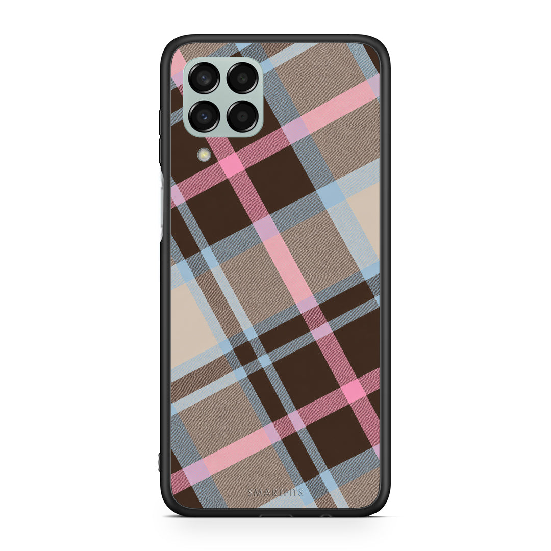 Θήκη Samsung Galaxy M33 Brown Pink and Blue Diagonal Plaid από τη Smartfits με σχέδιο στο πίσω μέρος και μαύρο περίβλημα | Samsung Galaxy M33 Brown Pink and Blue Diagonal Plaid case with colorful back and black bezels