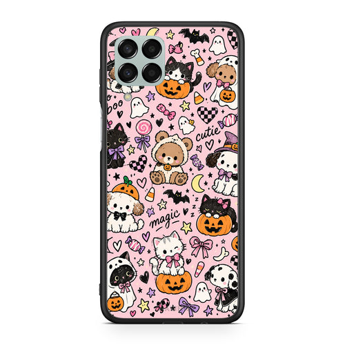 Θήκη Samsung Galaxy M33 Halloween Cute Animals on Pink από τη Smartfits με σχέδιο στο πίσω μέρος και μαύρο περίβλημα | Samsung Galaxy M33 Halloween Cute Animals on Pink case with colorful back and black bezels