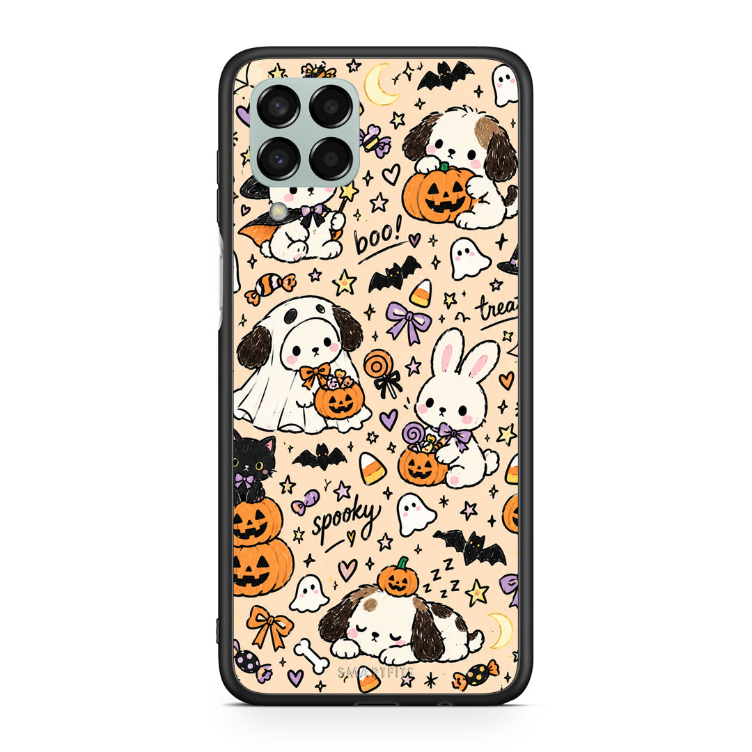 Θήκη Samsung Galaxy M33 Halloween Puppies and Friends on Cream από τη Smartfits με σχέδιο στο πίσω μέρος και μαύρο περίβλημα | Samsung Galaxy M33 Halloween Puppies and Friends on Cream case with colorful back and black bezels