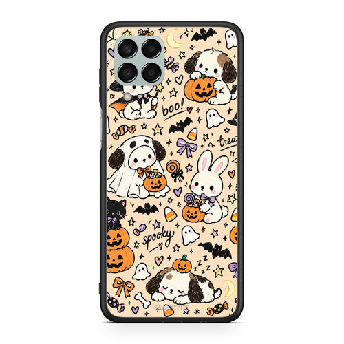 Θήκη Samsung Galaxy M33 Halloween Puppies and Friends on Cream από τη Smartfits με σχέδιο στο πίσω μέρος και μαύρο περίβλημα | Samsung Galaxy M33 Halloween Puppies and Friends on Cream case with colorful back and black bezels