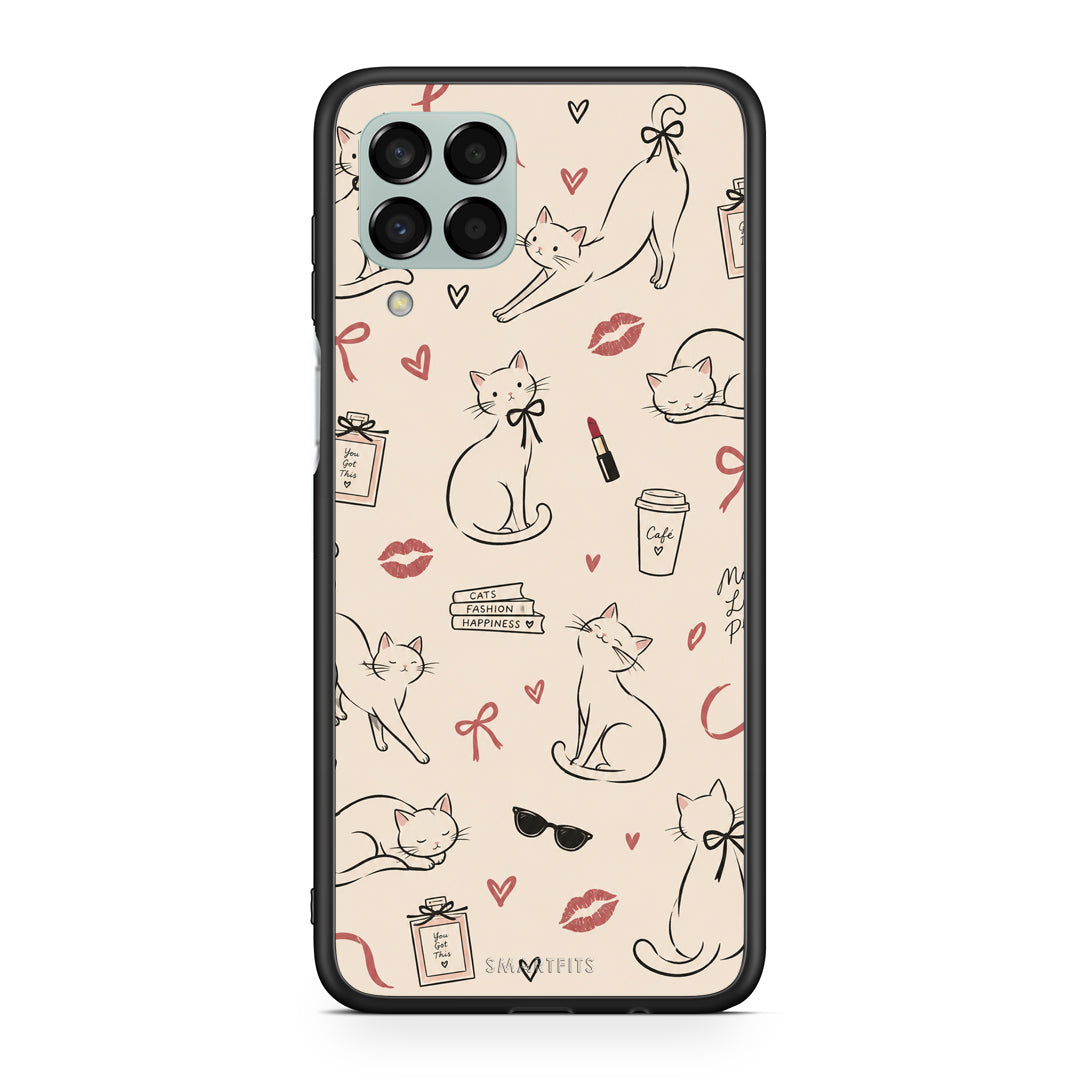Θήκη Samsung Galaxy M33 Minimal Cat and Fashion Doodles on Cream από τη Smartfits με σχέδιο στο πίσω μέρος και μαύρο περίβλημα | Samsung Galaxy M33 Minimal Cat and Fashion Doodles on Cream case with colorful back and black bezels