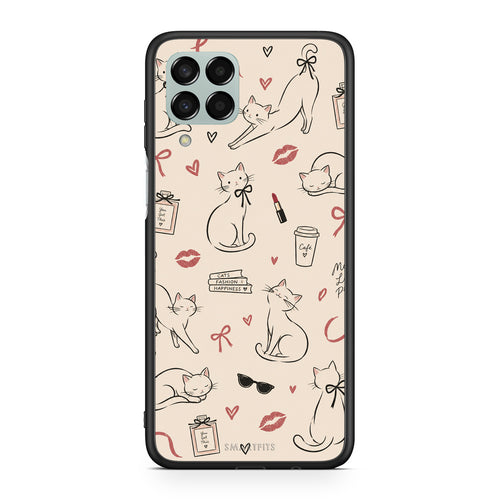 Θήκη Samsung Galaxy M33 Minimal Cat and Fashion Doodles on Cream από τη Smartfits με σχέδιο στο πίσω μέρος και μαύρο περίβλημα | Samsung Galaxy M33 Minimal Cat and Fashion Doodles on Cream case with colorful back and black bezels