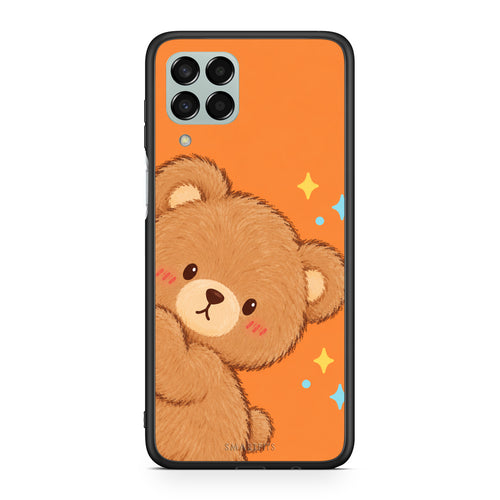 Θήκη Samsung Galaxy M33 Peekaboo Teddy on Orange από τη Smartfits με σχέδιο στο πίσω μέρος και μαύρο περίβλημα | Samsung Galaxy M33 Peekaboo Teddy on Orange case with colorful back and black bezels