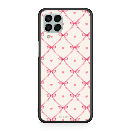 Θήκη Samsung Galaxy M33 Pink Bow Lattice and Hearts on Cream από τη Smartfits με σχέδιο στο πίσω μέρος και μαύρο περίβλημα | Samsung Galaxy M33 Pink Bow Lattice and Hearts on Cream case with colorful back and black bezels