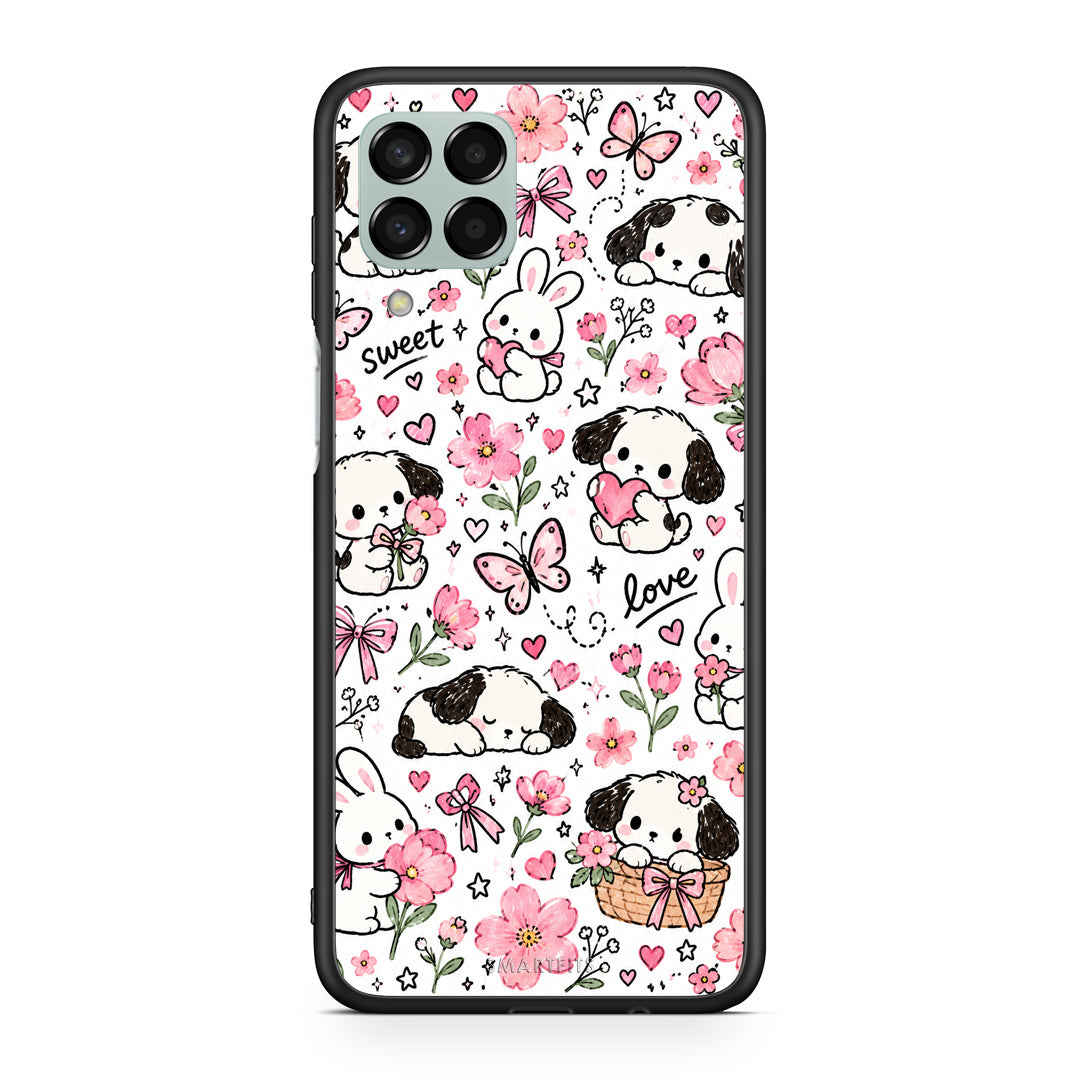 Θήκη Samsung Galaxy M33 Pink Florals Puppies and Bunnies on White από τη Smartfits με σχέδιο στο πίσω μέρος και μαύρο περίβλημα | Samsung Galaxy M33 Pink Florals Puppies and Bunnies on White case with colorful back and black bezels