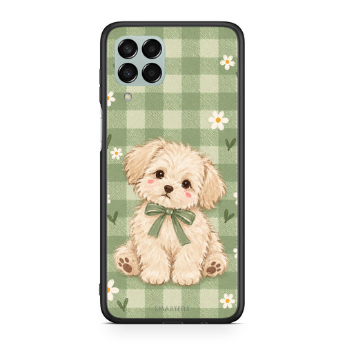 Θήκη Samsung Galaxy M33 Puppy and Daisies on Sage Gingham από τη Smartfits με σχέδιο στο πίσω μέρος και μαύρο περίβλημα | Samsung Galaxy M33 Puppy and Daisies on Sage Gingham case with colorful back and black bezels