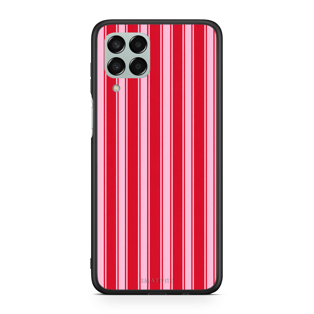 Θήκη Samsung Galaxy M33 Red and Pink Vertical Pinstripes από τη Smartfits με σχέδιο στο πίσω μέρος και μαύρο περίβλημα | Samsung Galaxy M33 Red and Pink Vertical Pinstripes case with colorful back and black bezels