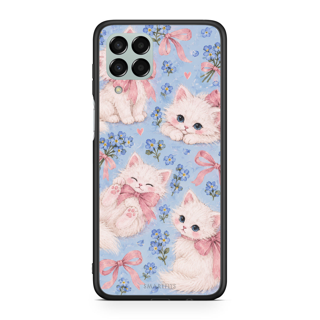 Θήκη Samsung Galaxy M33 White Kittens and Blue Flowers Large από τη Smartfits με σχέδιο στο πίσω μέρος και μαύρο περίβλημα | Samsung Galaxy M33 White Kittens and Blue Flowers Large case with colorful back and black bezels