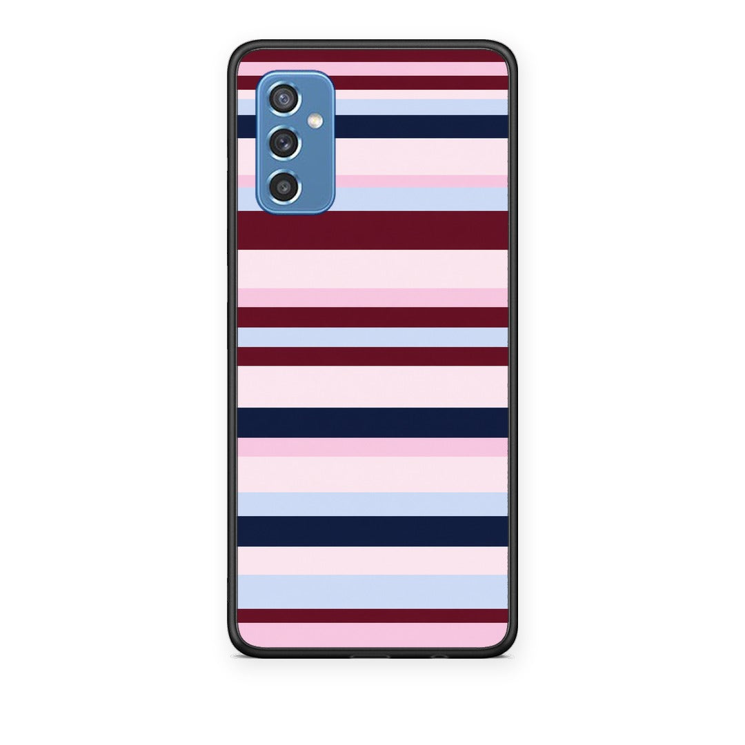 Θήκη Samsung Galaxy M52 5G Burgundy Pink and Blue Horizontal Stripes από τη Smartfits με σχέδιο στο πίσω μέρος και μαύρο περίβλημα | Samsung Galaxy M52 5G Burgundy Pink and Blue Horizontal Stripes case with colorful back and black bezels
