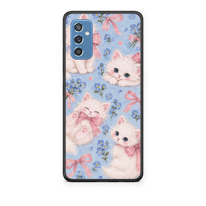 Θήκη Samsung Galaxy M52 5G White Kittens and Blue Flowers Large από τη Smartfits με σχέδιο στο πίσω μέρος και μαύρο περίβλημα | Samsung Galaxy M52 5G White Kittens and Blue Flowers Large case with colorful back and black bezels