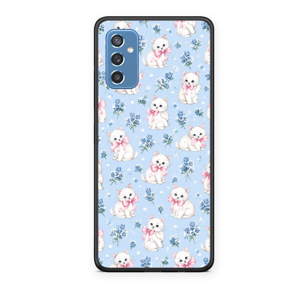 Θήκη Samsung Galaxy M52 5G White Kittens and Blue Flowers Small από τη Smartfits με σχέδιο στο πίσω μέρος και μαύρο περίβλημα | Samsung Galaxy M52 5G White Kittens and Blue Flowers Small case with colorful back and black bezels