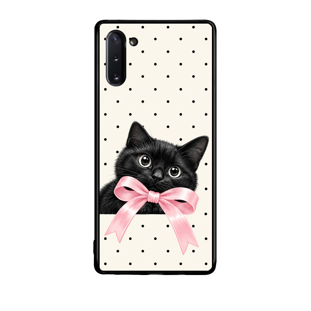 Θήκη Samsung Galaxy Note 10 Black Kitten Pink Bow and Polka Dots από τη Smartfits με σχέδιο στο πίσω μέρος και μαύρο περίβλημα | Samsung Galaxy Note 10 Black Kitten Pink Bow and Polka Dots case with colorful back and black bezels