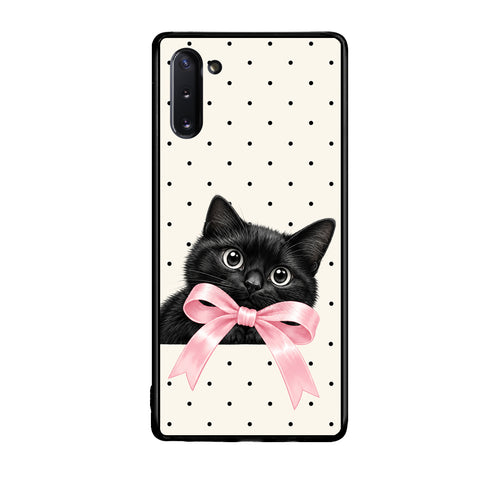 Θήκη Samsung Galaxy Note 10 Black Kitten Pink Bow and Polka Dots από τη Smartfits με σχέδιο στο πίσω μέρος και μαύρο περίβλημα | Samsung Galaxy Note 10 Black Kitten Pink Bow and Polka Dots case with colorful back and black bezels