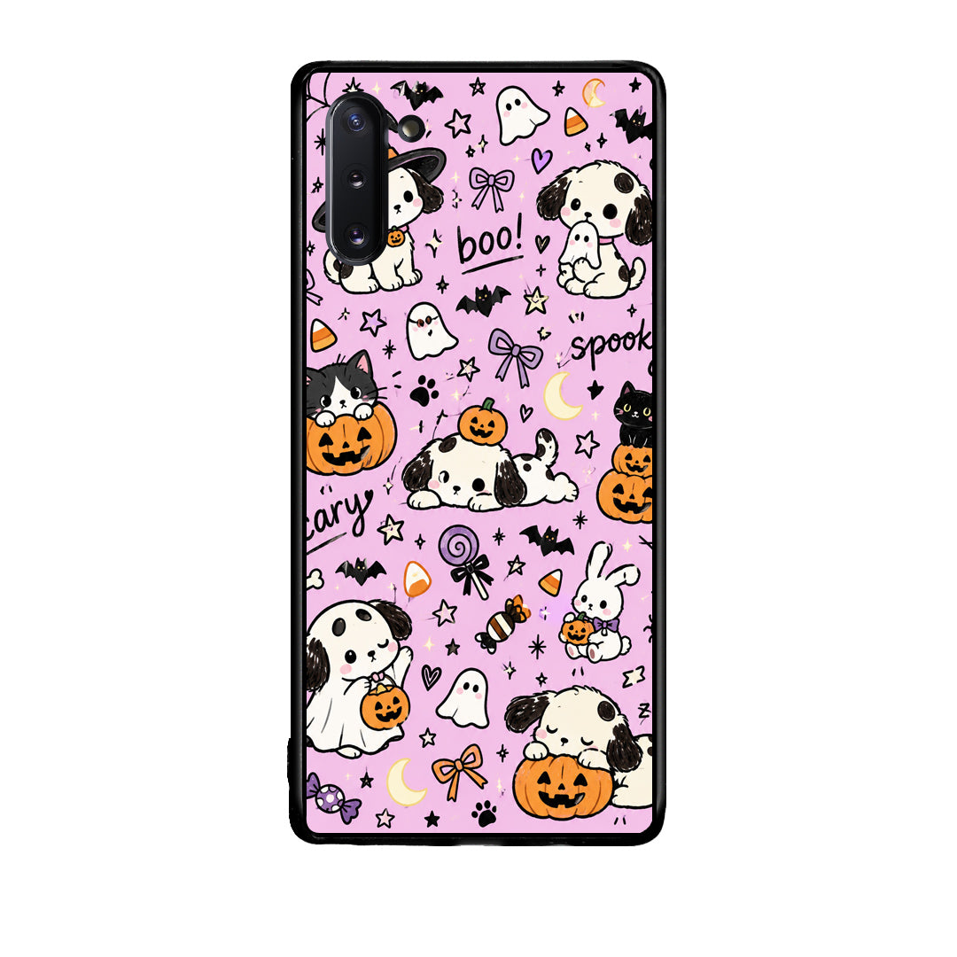 Θήκη Samsung Galaxy Note 10 Halloween Puppies and Friends on Lilac από τη Smartfits με σχέδιο στο πίσω μέρος και μαύρο περίβλημα | Samsung Galaxy Note 10 Halloween Puppies and Friends on Lilac case with colorful back and black bezels