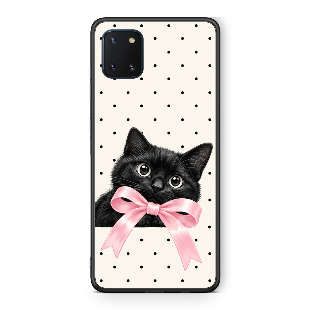 Θήκη Samsung Galaxy Note 10 Lite Black Kitten Pink Bow and Polka Dots από τη Smartfits με σχέδιο στο πίσω μέρος και μαύρο περίβλημα | Samsung Galaxy Note 10 Lite Black Kitten Pink Bow and Polka Dots case with colorful back and black bezels