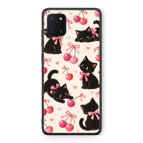 Θήκη Samsung Galaxy Note 10 Lite Black Kittens and Cherries on Cream από τη Smartfits με σχέδιο στο πίσω μέρος και μαύρο περίβλημα | Samsung Galaxy Note 10 Lite Black Kittens and Cherries on Cream case with colorful back and black bezels