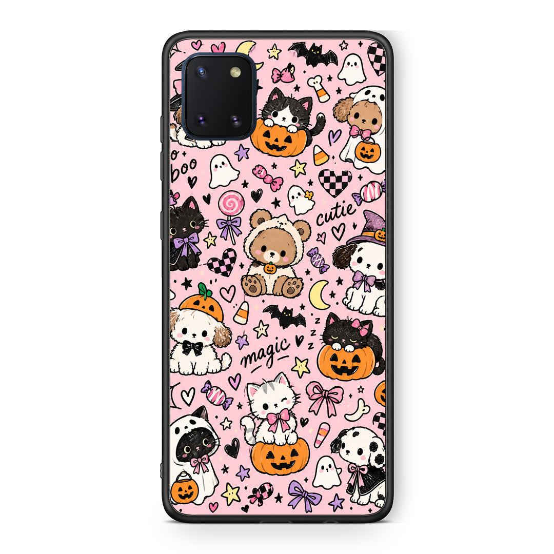 Θήκη Samsung Galaxy Note 10 Lite Halloween Cute Animals on Pink από τη Smartfits με σχέδιο στο πίσω μέρος και μαύρο περίβλημα | Samsung Galaxy Note 10 Lite Halloween Cute Animals on Pink case with colorful back and black bezels