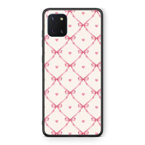 Θήκη Samsung Galaxy Note 10 Lite Pink Bow Lattice and Hearts on Cream από τη Smartfits με σχέδιο στο πίσω μέρος και μαύρο περίβλημα | Samsung Galaxy Note 10 Lite Pink Bow Lattice and Hearts on Cream case with colorful back and black bezels
