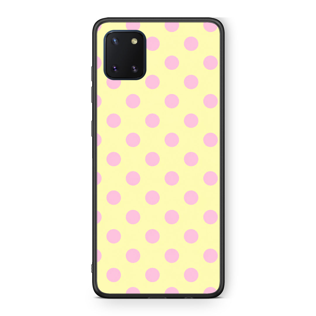 Θήκη Samsung Galaxy Note 10 Lite Pink Polka Dots on Yellow από τη Smartfits με σχέδιο στο πίσω μέρος και μαύρο περίβλημα | Samsung Galaxy Note 10 Lite Pink Polka Dots on Yellow case with colorful back and black bezels