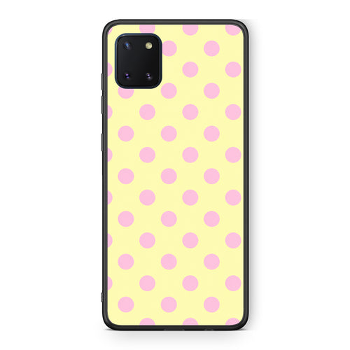 Θήκη Samsung Galaxy Note 10 Lite Pink Polka Dots on Yellow από τη Smartfits με σχέδιο στο πίσω μέρος και μαύρο περίβλημα | Samsung Galaxy Note 10 Lite Pink Polka Dots on Yellow case with colorful back and black bezels