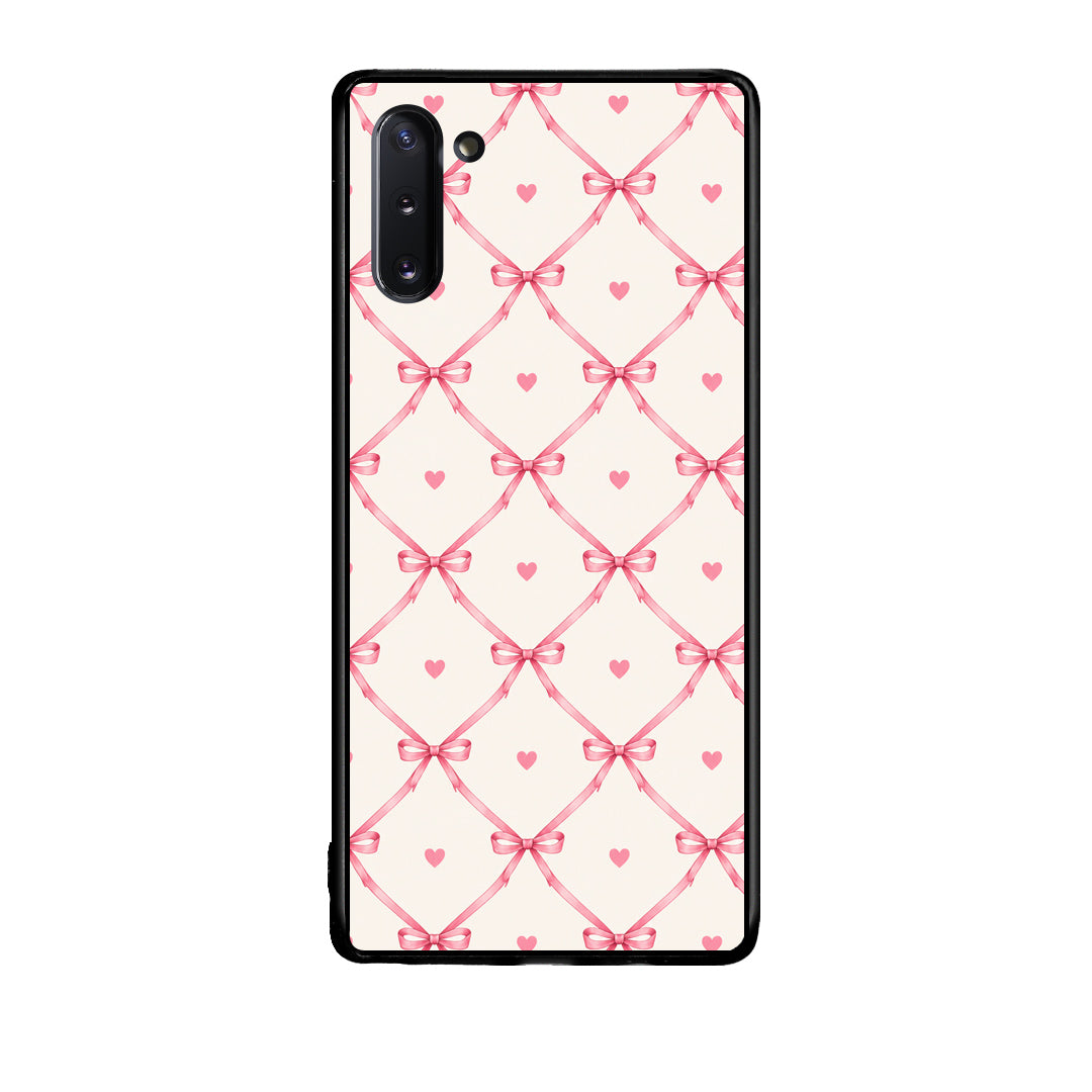 Θήκη Samsung Galaxy Note 10 Pink Bow Lattice and Hearts on Cream από τη Smartfits με σχέδιο στο πίσω μέρος και μαύρο περίβλημα | Samsung Galaxy Note 10 Pink Bow Lattice and Hearts on Cream case with colorful back and black bezels