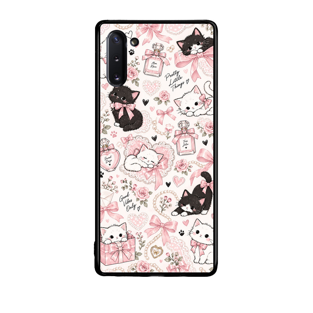 Θήκη Samsung Galaxy Note 10 Pink Bows and Kittens Collage από τη Smartfits με σχέδιο στο πίσω μέρος και μαύρο περίβλημα | Samsung Galaxy Note 10 Pink Bows and Kittens Collage case with colorful back and black bezels