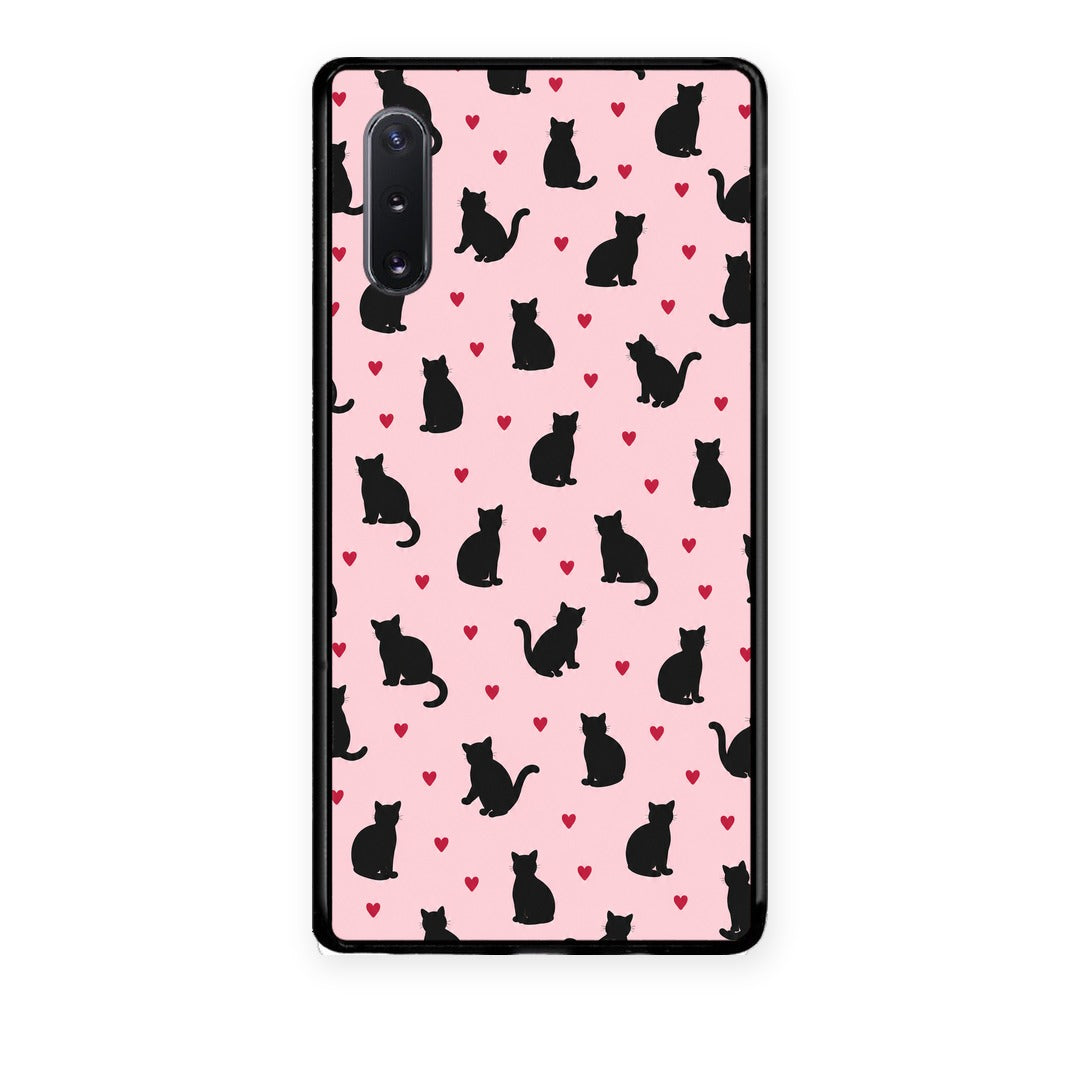 Θήκη Samsung Galaxy Note 10+ Black Cat Silhouettes and Hearts on Pink από τη Smartfits με σχέδιο στο πίσω μέρος και μαύρο περίβλημα | Samsung Galaxy Note 10+ Black Cat Silhouettes and Hearts on Pink case with colorful back and black bezels
