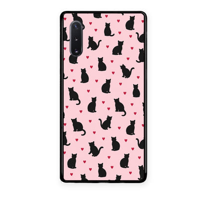 Θήκη Samsung Galaxy Note 10+ Black Cat Silhouettes and Hearts on Pink από τη Smartfits με σχέδιο στο πίσω μέρος και μαύρο περίβλημα | Samsung Galaxy Note 10+ Black Cat Silhouettes and Hearts on Pink case with colorful back and black bezels