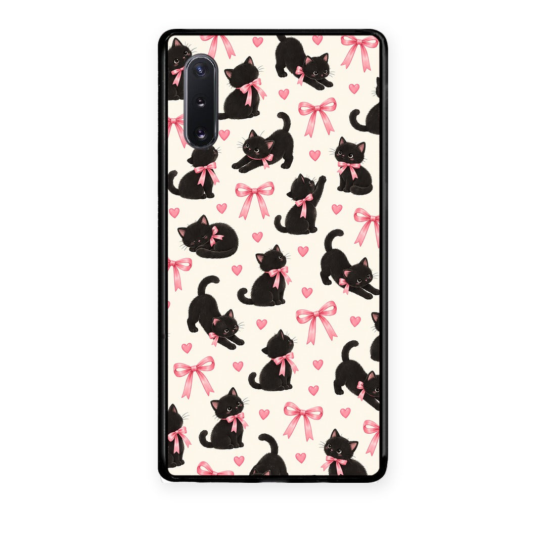 Θήκη Samsung Galaxy Note 10+ Black Kittens and Pink Bows on Cream Small από τη Smartfits με σχέδιο στο πίσω μέρος και μαύρο περίβλημα | Samsung Galaxy Note 10+ Black Kittens and Pink Bows on Cream Small case with colorful back and black bezels