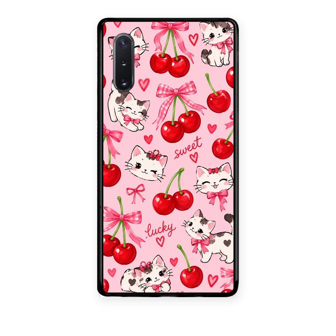 Θήκη Samsung Galaxy Note 10+ Cherries Bows and Kittens on Pink από τη Smartfits με σχέδιο στο πίσω μέρος και μαύρο περίβλημα | Samsung Galaxy Note 10+ Cherries Bows and Kittens on Pink case with colorful back and black bezels