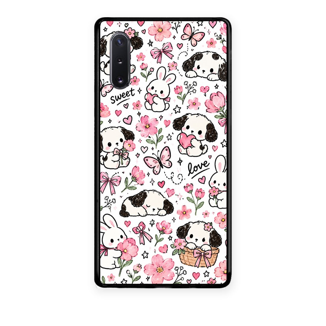 Θήκη Samsung Galaxy Note 10+ Pink Florals Puppies and Bunnies on White από τη Smartfits με σχέδιο στο πίσω μέρος και μαύρο περίβλημα | Samsung Galaxy Note 10+ Pink Florals Puppies and Bunnies on White case with colorful back and black bezels