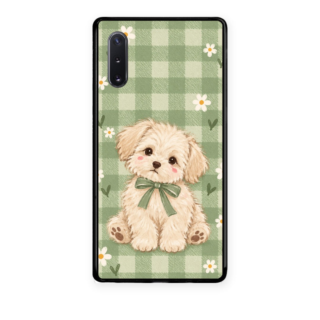 Θήκη Samsung Galaxy Note 10+ Puppy and Daisies on Sage Gingham από τη Smartfits με σχέδιο στο πίσω μέρος και μαύρο περίβλημα | Samsung Galaxy Note 10+ Puppy and Daisies on Sage Gingham case with colorful back and black bezels