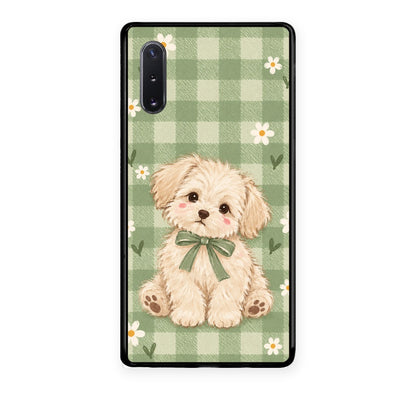 Θήκη Samsung Galaxy Note 10+ Puppy and Daisies on Sage Gingham από τη Smartfits με σχέδιο στο πίσω μέρος και μαύρο περίβλημα | Samsung Galaxy Note 10+ Puppy and Daisies on Sage Gingham case with colorful back and black bezels