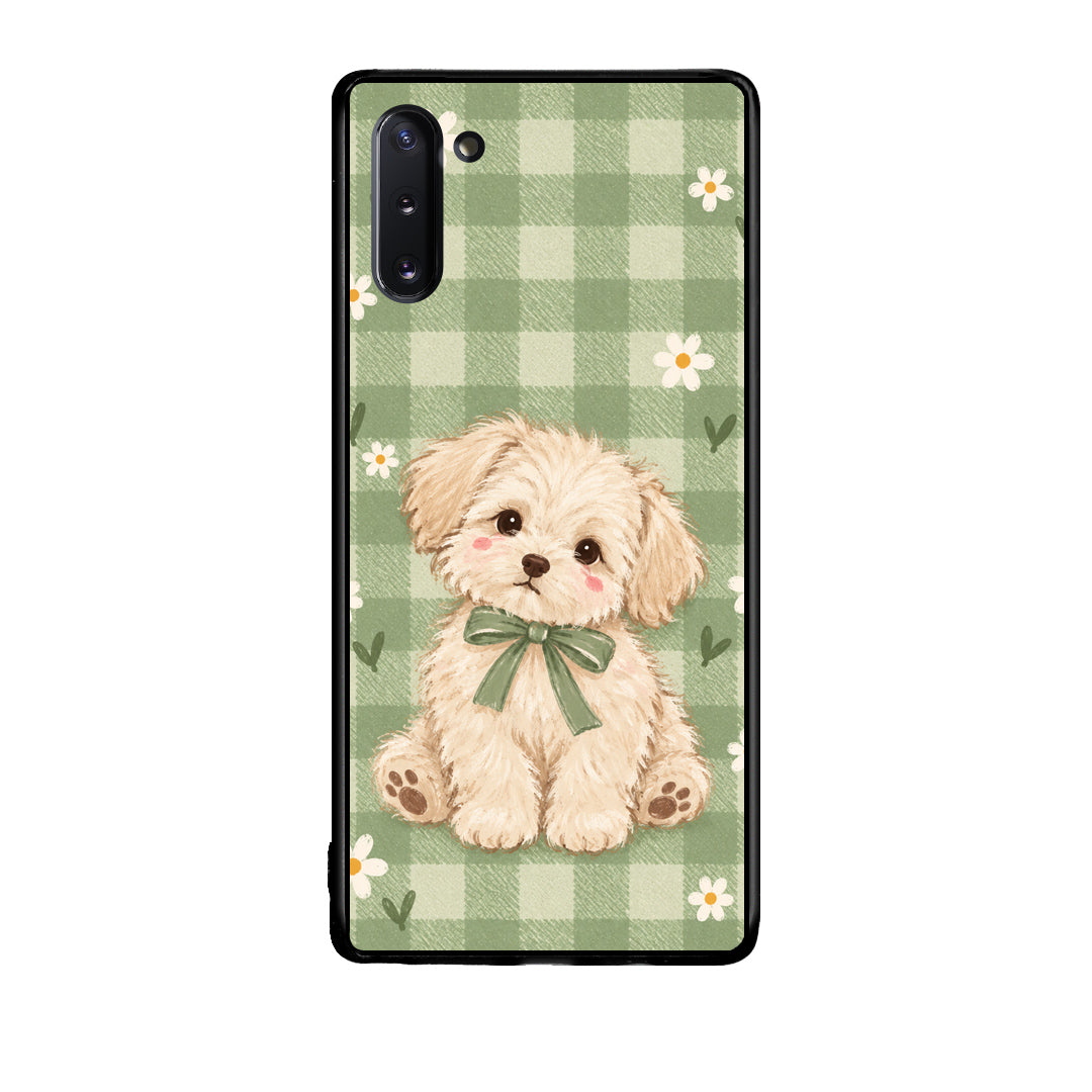 Θήκη Samsung Galaxy Note 10 Puppy and Daisies on Sage Gingham από τη Smartfits με σχέδιο στο πίσω μέρος και μαύρο περίβλημα | Samsung Galaxy Note 10 Puppy and Daisies on Sage Gingham case with colorful back and black bezels
