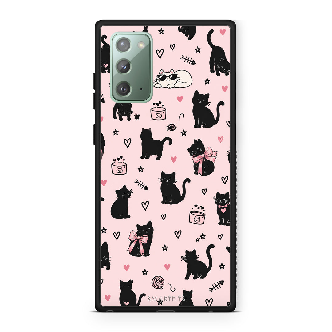 Θήκη Samsung Galaxy Note 20 Black Cat Doodles on Pink από τη Smartfits με σχέδιο στο πίσω μέρος και μαύρο περίβλημα | Samsung Galaxy Note 20 Black Cat Doodles on Pink case with colorful back and black bezels