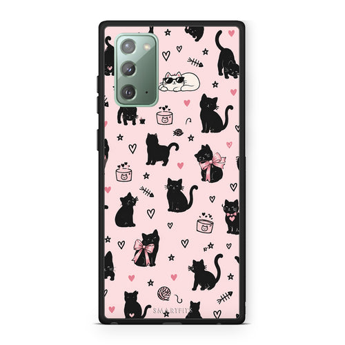 Θήκη Samsung Galaxy Note 20 Black Cat Doodles on Pink από τη Smartfits με σχέδιο στο πίσω μέρος και μαύρο περίβλημα | Samsung Galaxy Note 20 Black Cat Doodles on Pink case with colorful back and black bezels