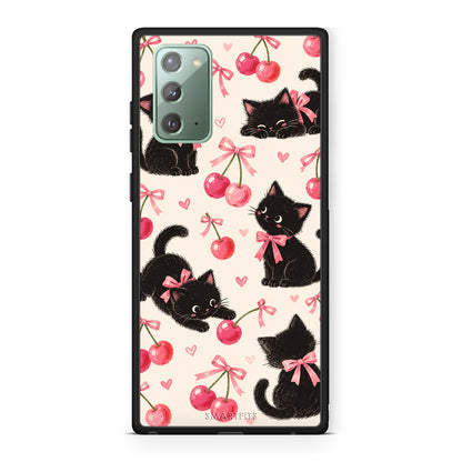 Θήκη Samsung Galaxy Note 20 Black Kittens and Cherries on Cream από τη Smartfits με σχέδιο στο πίσω μέρος και μαύρο περίβλημα | Samsung Galaxy Note 20 Black Kittens and Cherries on Cream case with colorful back and black bezels