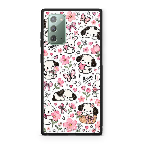 Θήκη Samsung Galaxy Note 20 Pink Florals Puppies and Bunnies on White από τη Smartfits με σχέδιο στο πίσω μέρος και μαύρο περίβλημα | Samsung Galaxy Note 20 Pink Florals Puppies and Bunnies on White case with colorful back and black bezels