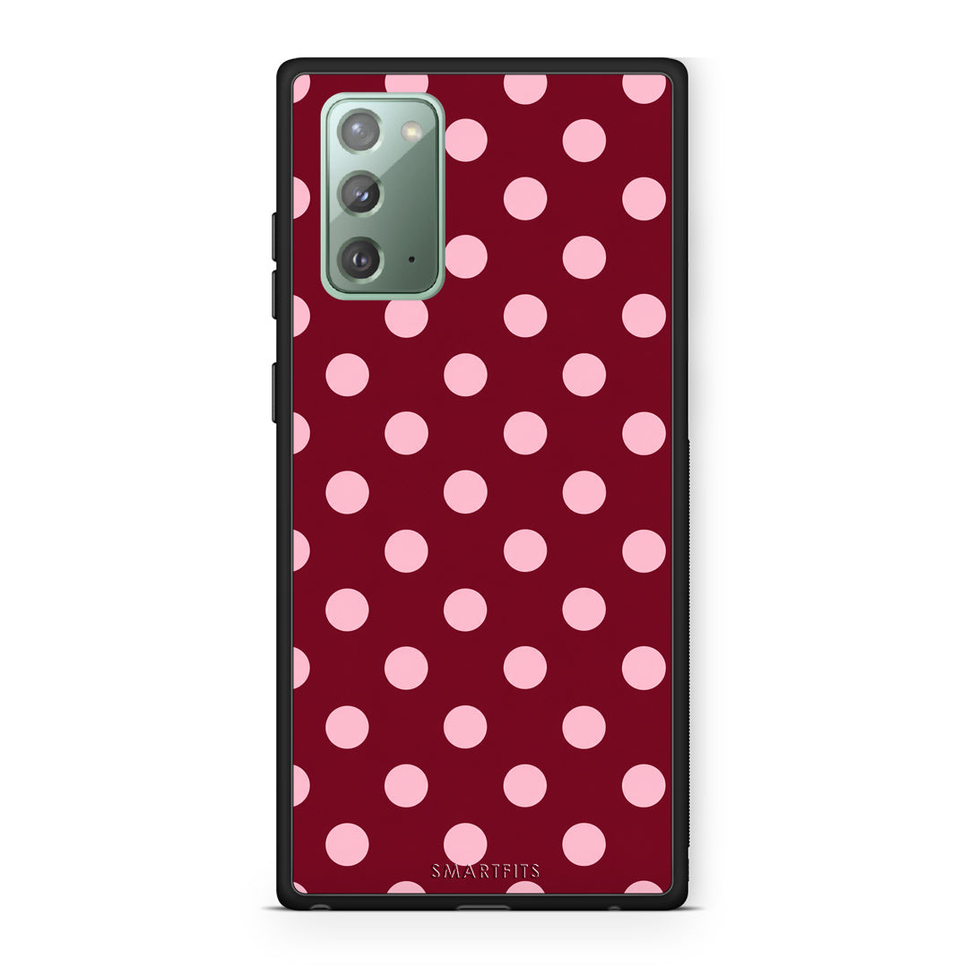 Θήκη Samsung Galaxy Note 20 Pink Polka Dots on Burgundy από τη Smartfits με σχέδιο στο πίσω μέρος και μαύρο περίβλημα | Samsung Galaxy Note 20 Pink Polka Dots on Burgundy case with colorful back and black bezels