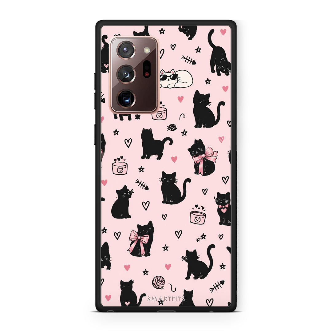 Θήκη Samsung Galaxy Note 20 Ultra Black Cat Doodles on Pink από τη Smartfits με σχέδιο στο πίσω μέρος και μαύρο περίβλημα | Samsung Galaxy Note 20 Ultra Black Cat Doodles on Pink case with colorful back and black bezels