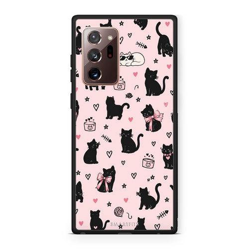 Θήκη Samsung Galaxy Note 20 Ultra Black Cat Doodles on Pink από τη Smartfits με σχέδιο στο πίσω μέρος και μαύρο περίβλημα | Samsung Galaxy Note 20 Ultra Black Cat Doodles on Pink case with colorful back and black bezels