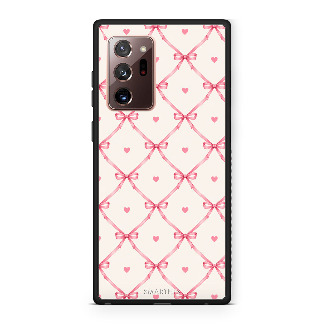 Θήκη Samsung Galaxy Note 20 Ultra Pink Bow Lattice and Hearts on Cream από τη Smartfits με σχέδιο στο πίσω μέρος και μαύρο περίβλημα | Samsung Galaxy Note 20 Ultra Pink Bow Lattice and Hearts on Cream case with colorful back and black bezels