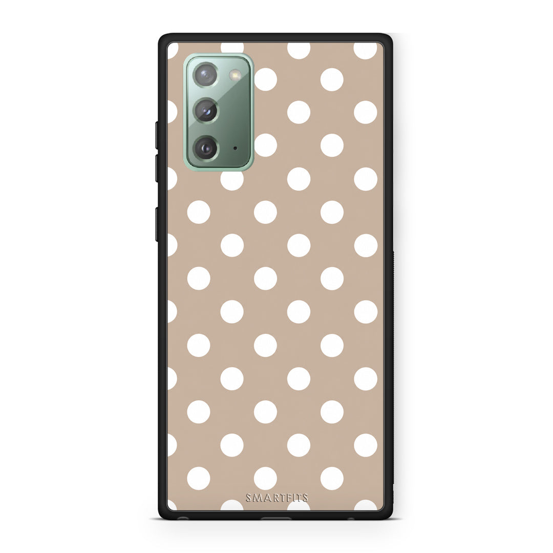 Θήκη Samsung Galaxy Note 20 White Polka Dots on Taupe από τη Smartfits με σχέδιο στο πίσω μέρος και μαύρο περίβλημα | Samsung Galaxy Note 20 White Polka Dots on Taupe case with colorful back and black bezels