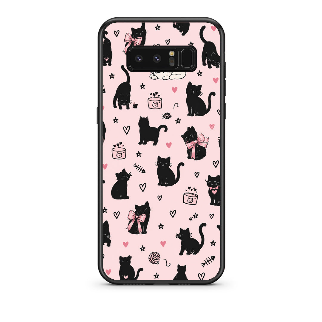 Θήκη Samsung Galaxy Note 8 Black Cat Doodles on Pink από τη Smartfits με σχέδιο στο πίσω μέρος και μαύρο περίβλημα | Samsung Galaxy Note 8 Black Cat Doodles on Pink case with colorful back and black bezels